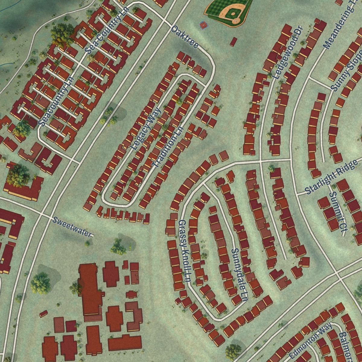 Close-up of the map of Las Flores, California print showing street and building detail