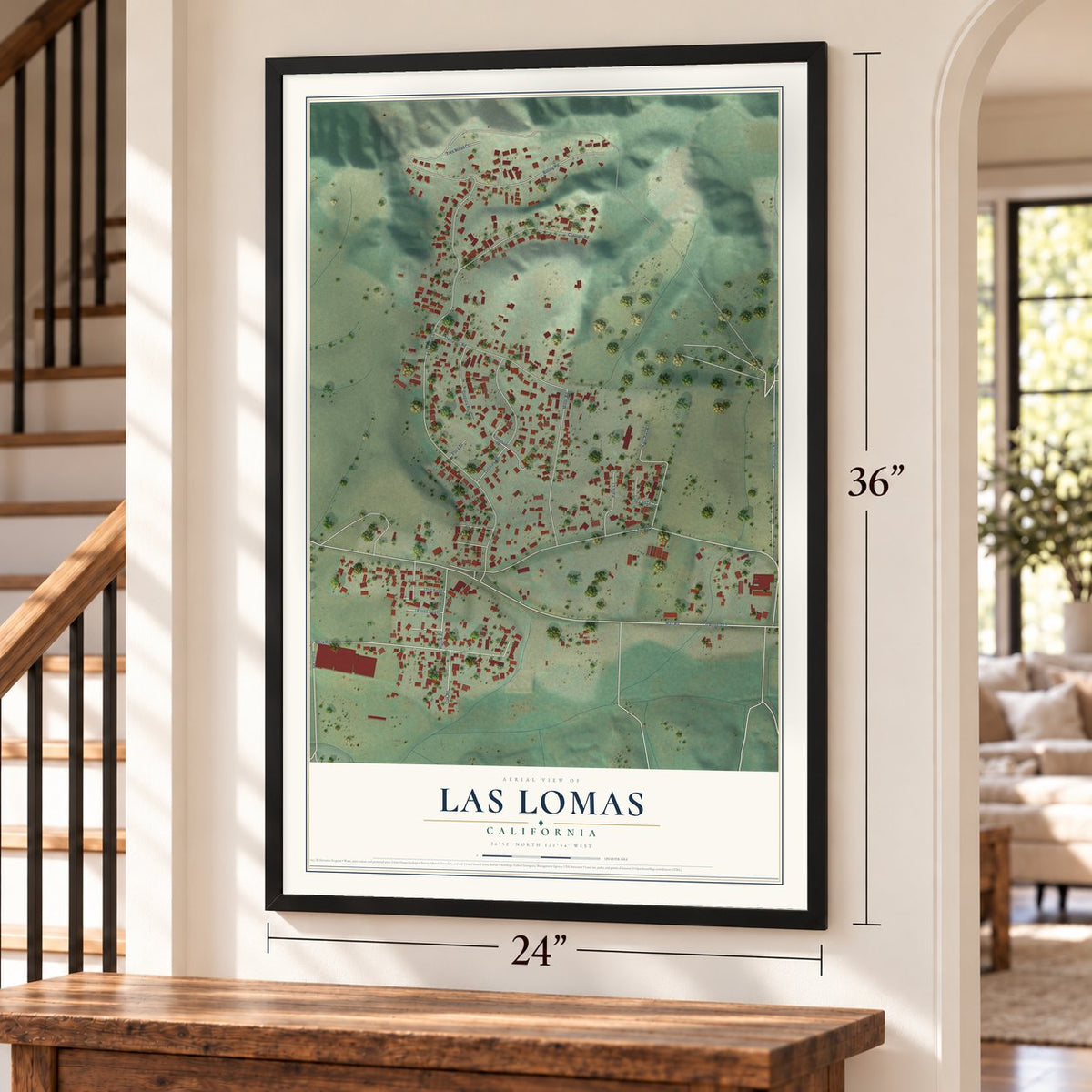 Las Lomas, California map, 24 x 36 inch print in a black frame by a staircase