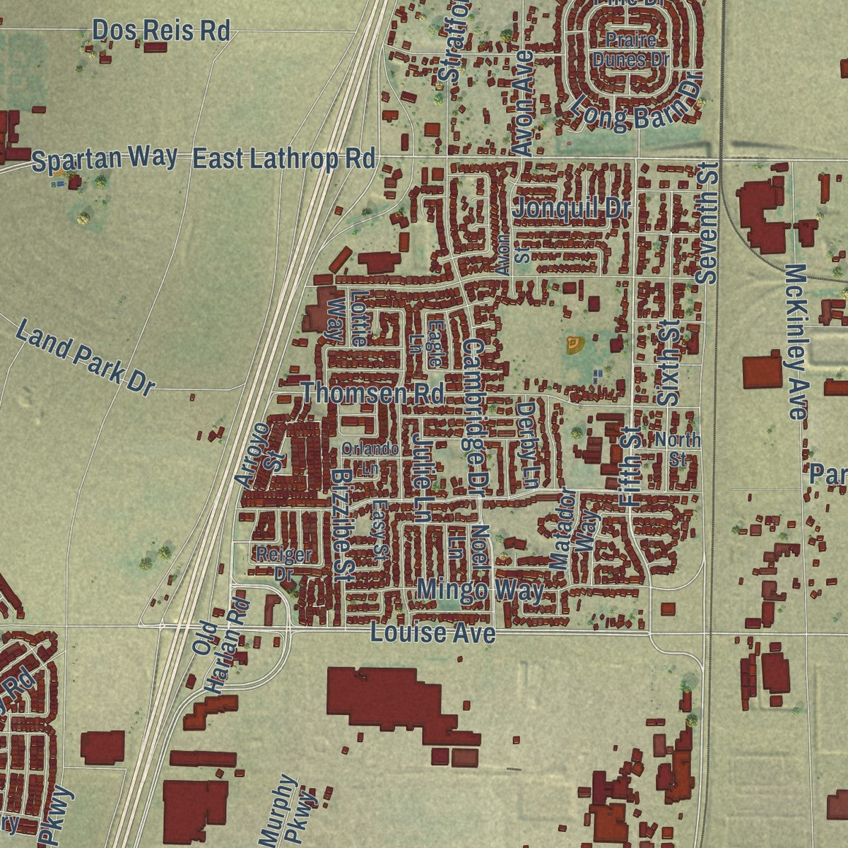 Close-up of the map of Lathrop, California print showing street and building detail