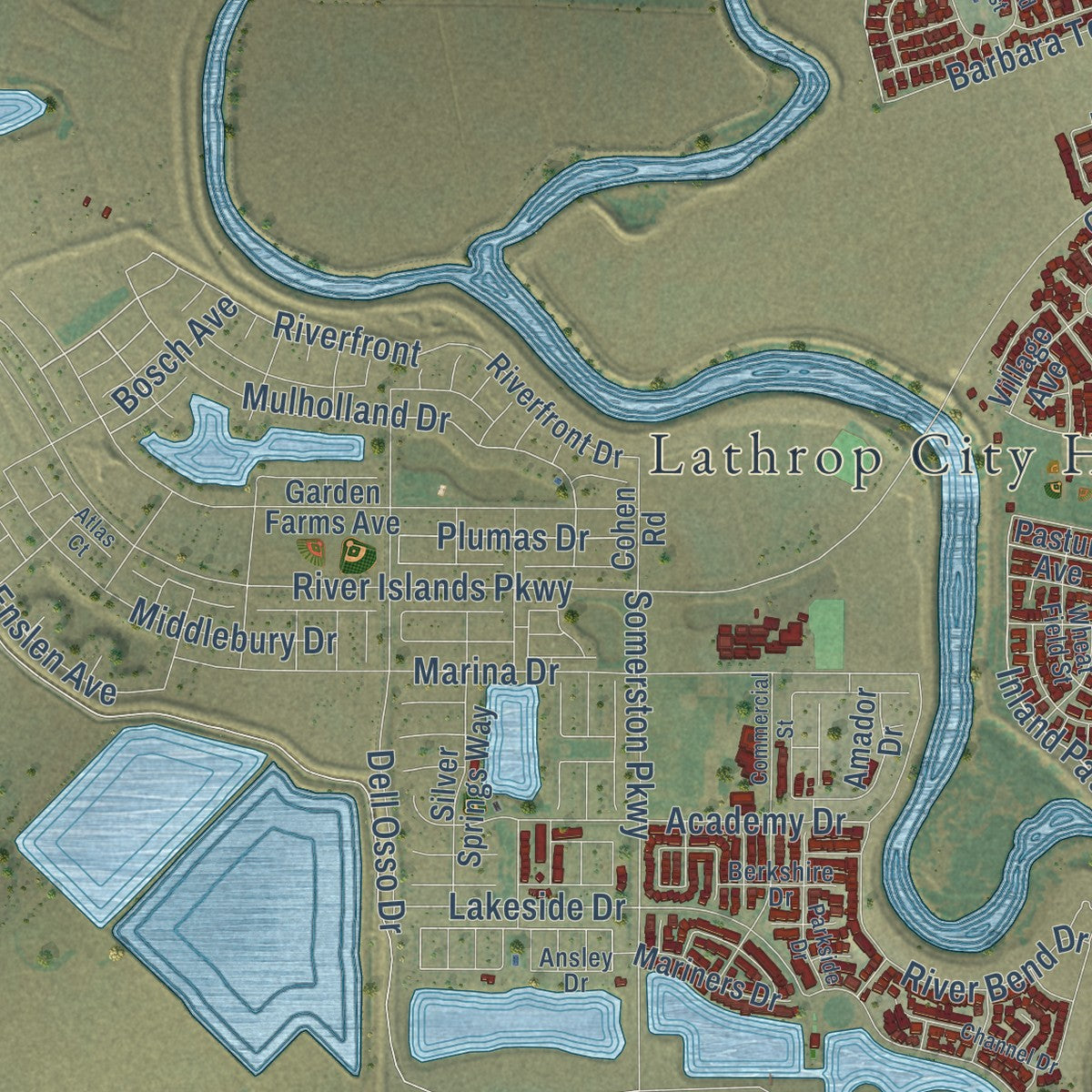 Second close-up of the map of Lathrop, California print showing more streets and buildings