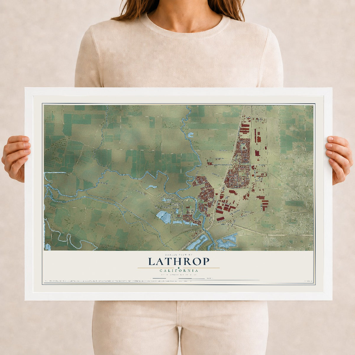 Map of Lathrop, California, 12 x 18 inch print in a white wood frame