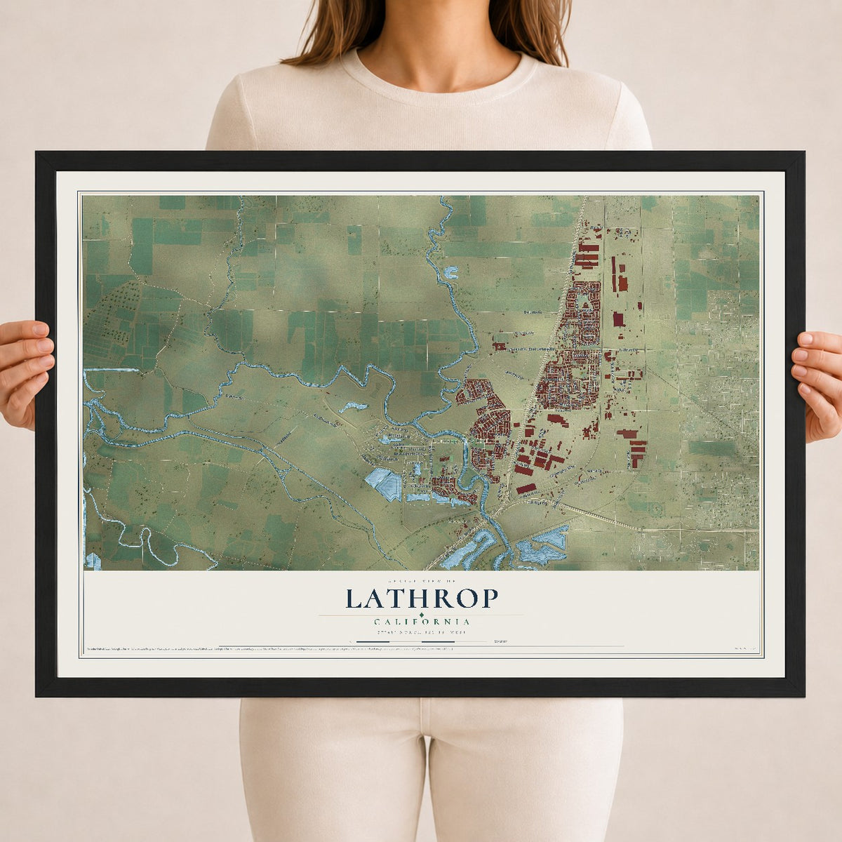 Map of Lathrop, California, 18 x 24 inch print in a black wood frame