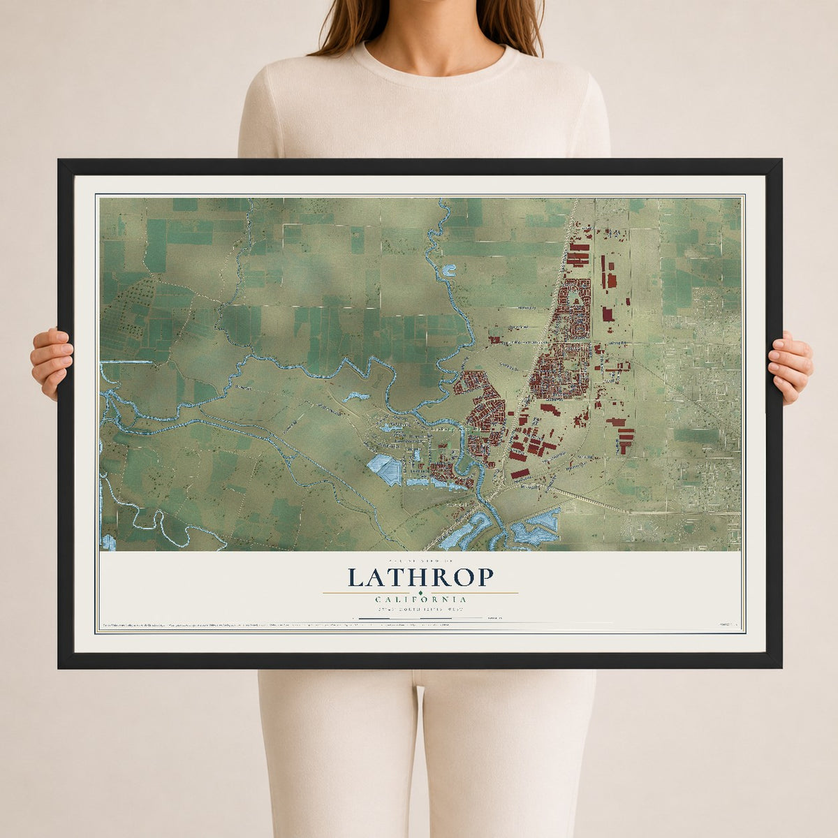 Map of Lathrop, California, 24 x 36 inch print in a black wood frame