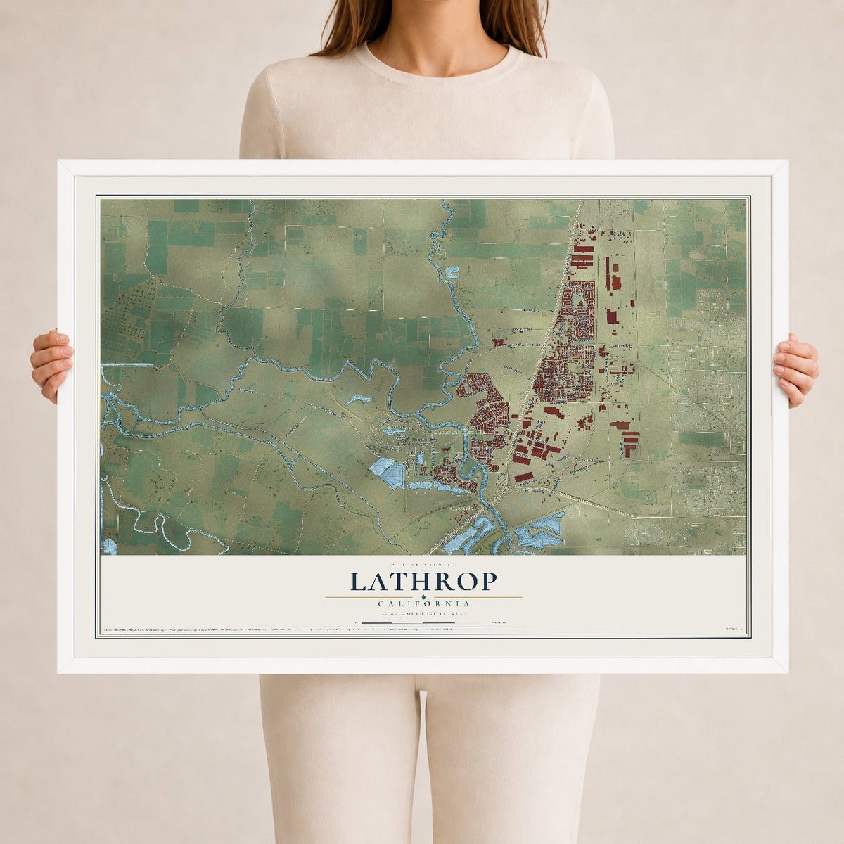 Map of Lathrop, California, 24 x 36 inch print in a white wood frame