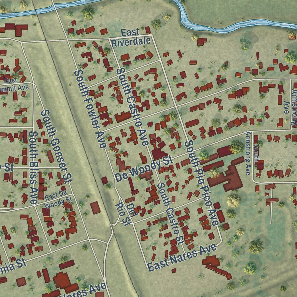 Close-up of the map of Laton, California print showing street and building detail