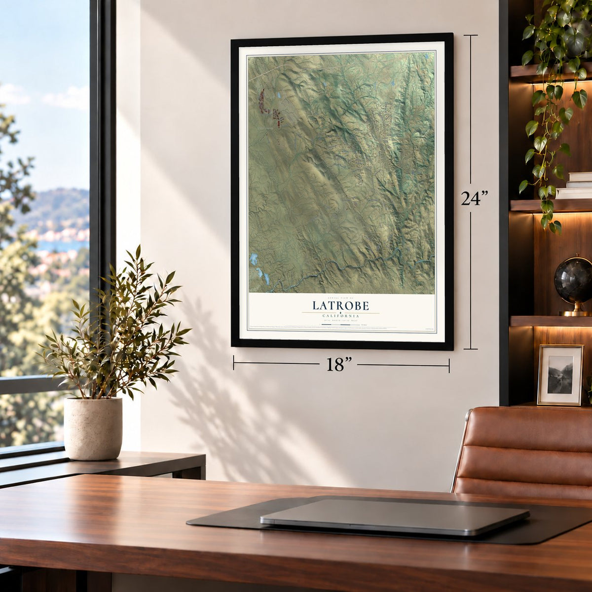 Latrobe, California map, 18 x 24 inch print in a black frame in a home office