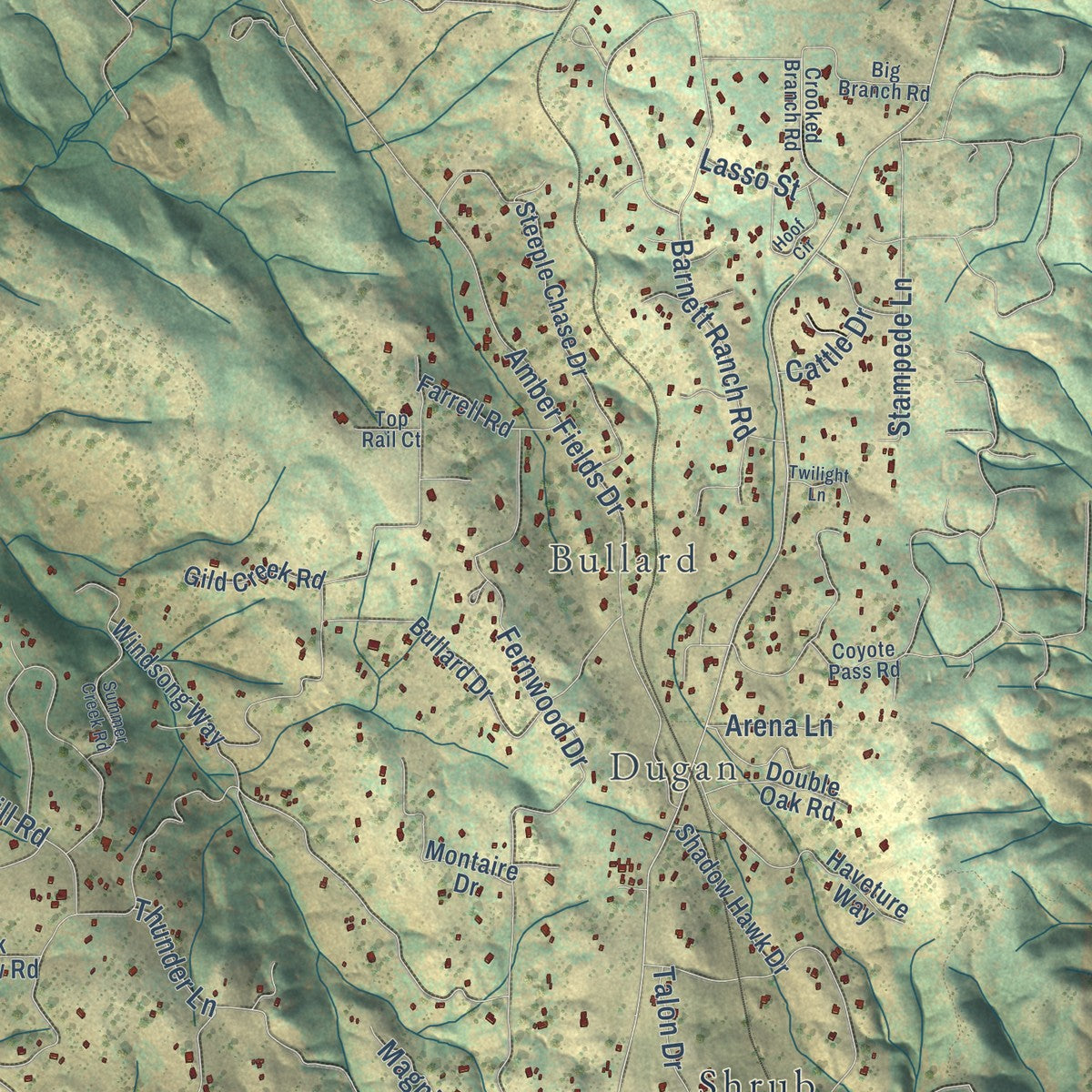 Close-up of the map of Latrobe, California print showing street and building detail