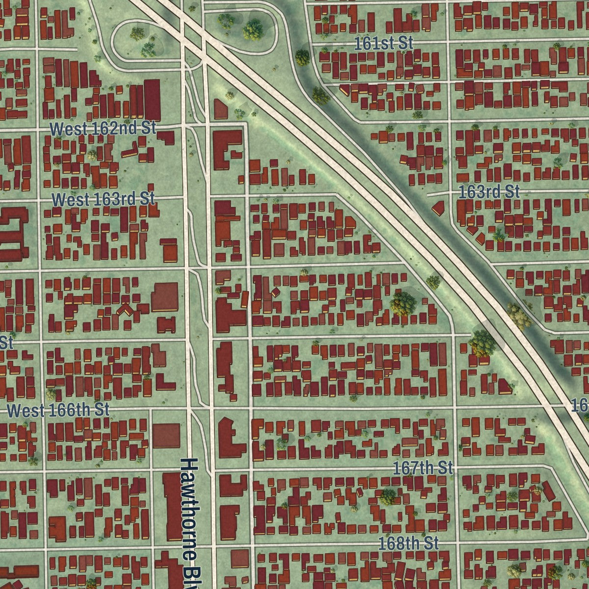 Close-up of the map of Lawndale, California print showing street and building detail