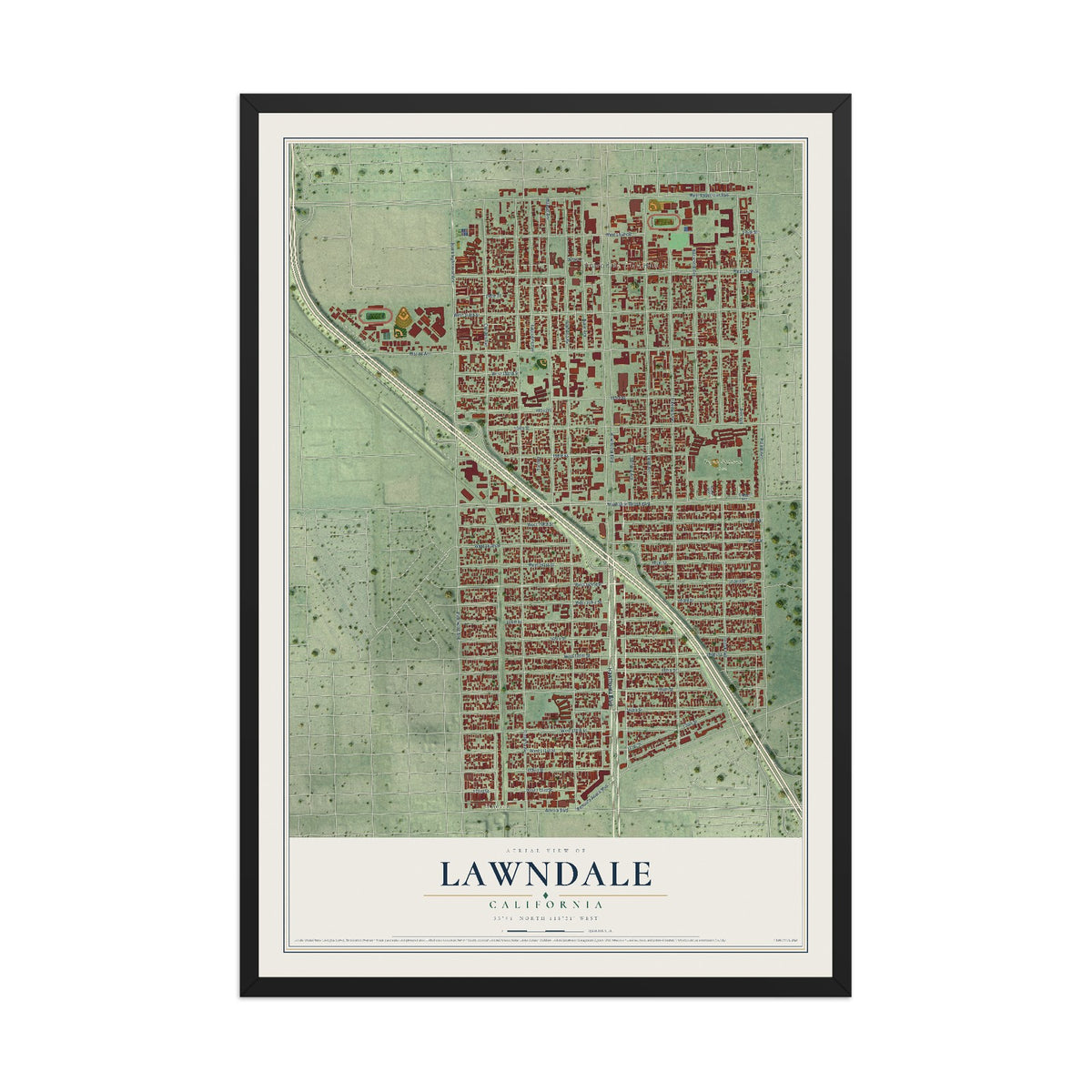 Map of Lawndale, California, 12 x 18 inch print in a black wood frame