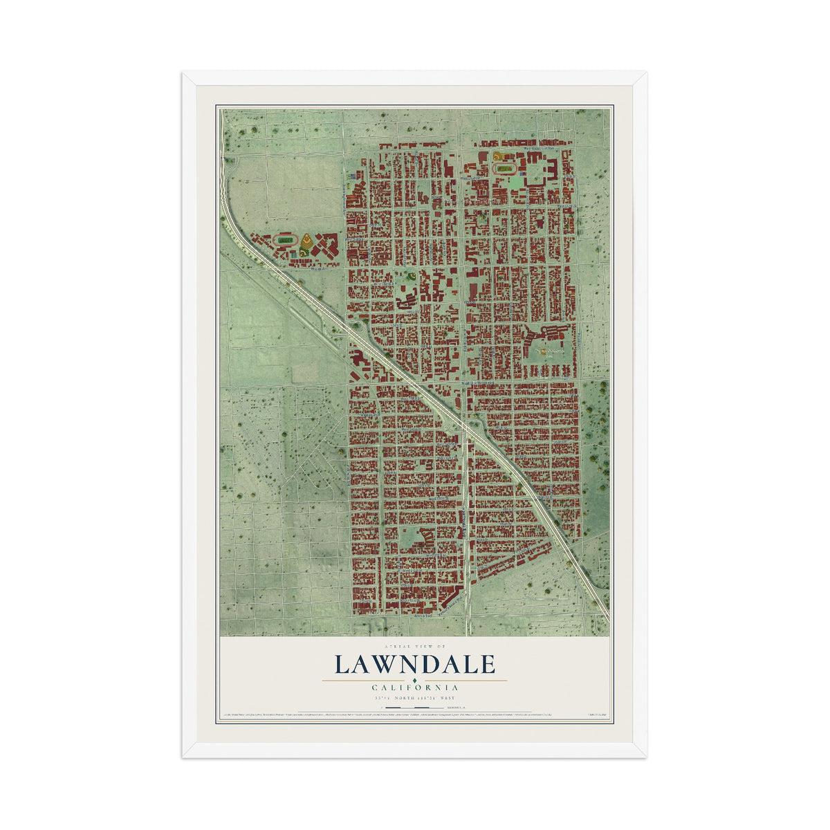 Map of Lawndale, California, 12 x 18 inch print in a white wood frame