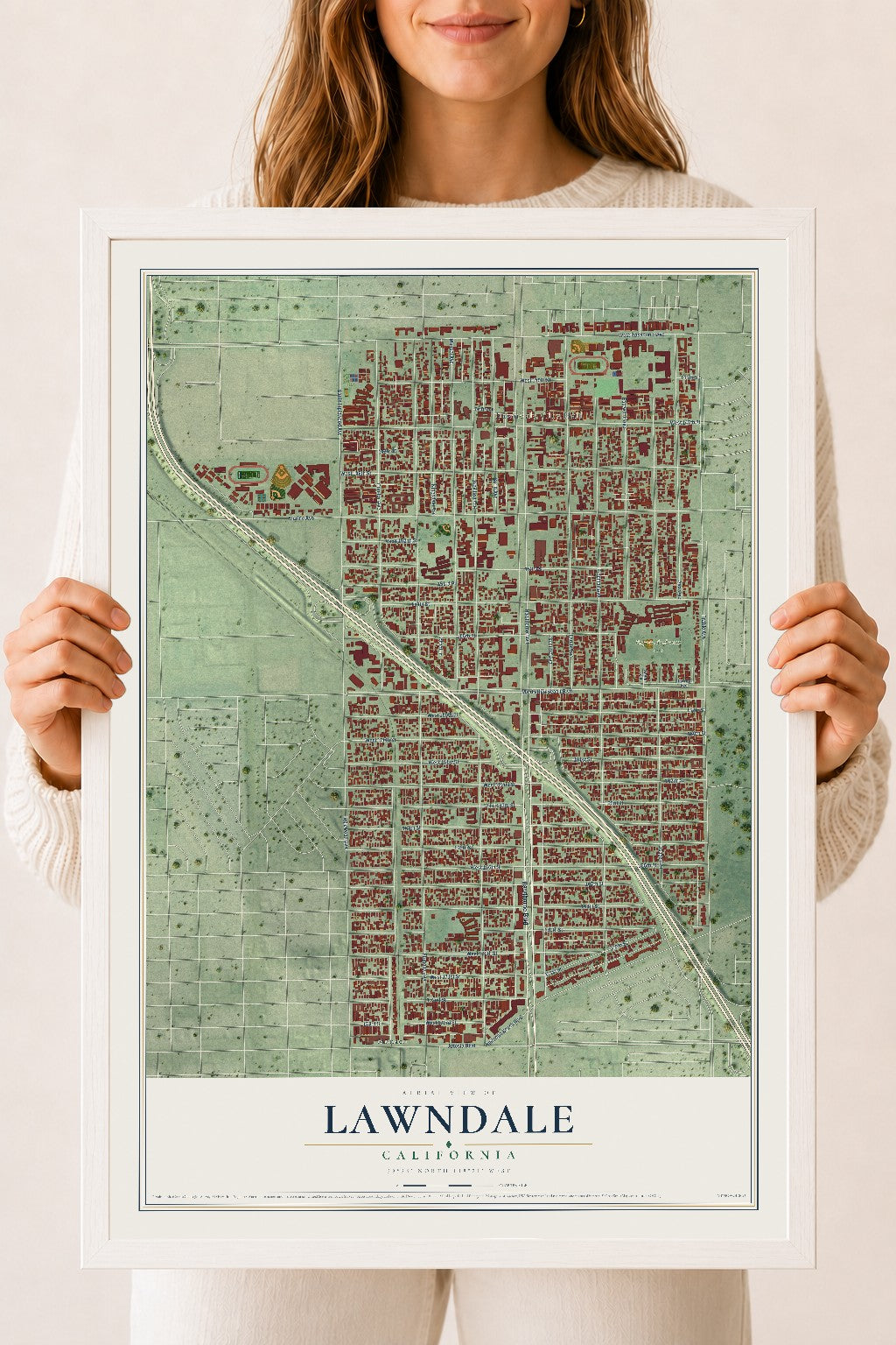 Map of Lawndale, California, 18 x 24 inch print in a white wood frame