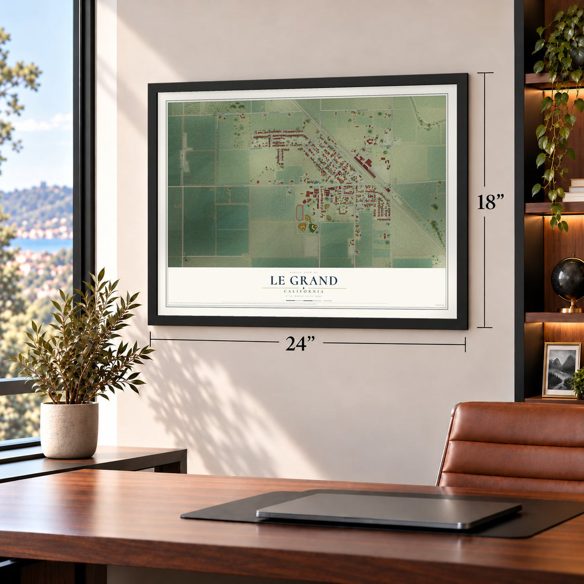 Le Grand, California map, 18 x 24 inch print in a black frame in a home office