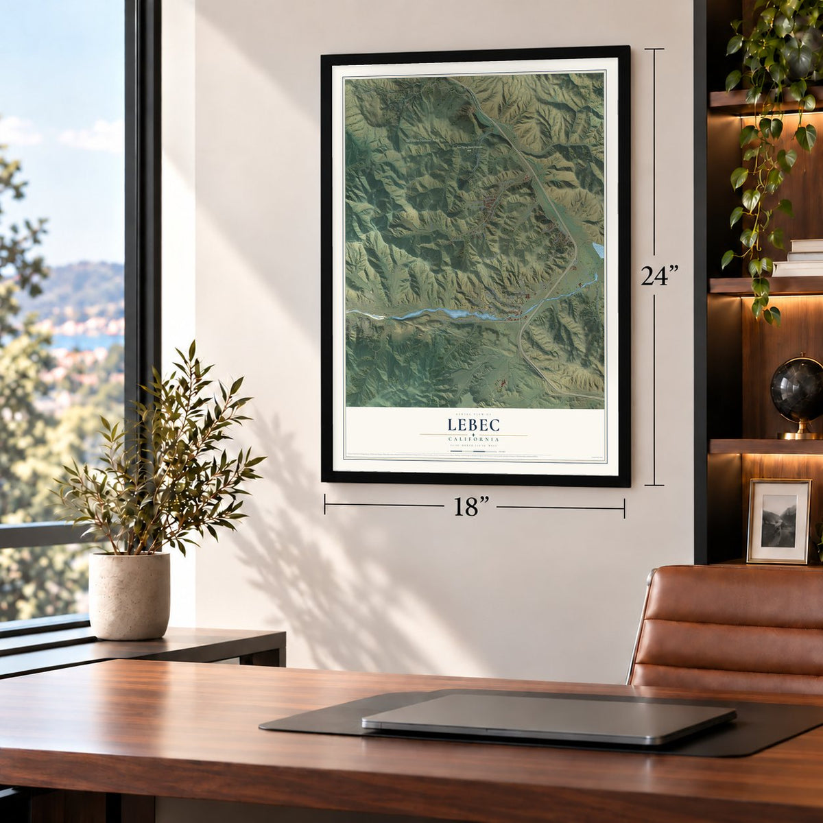 Lebec, California map, 18 x 24 inch print in a black frame in a home office
