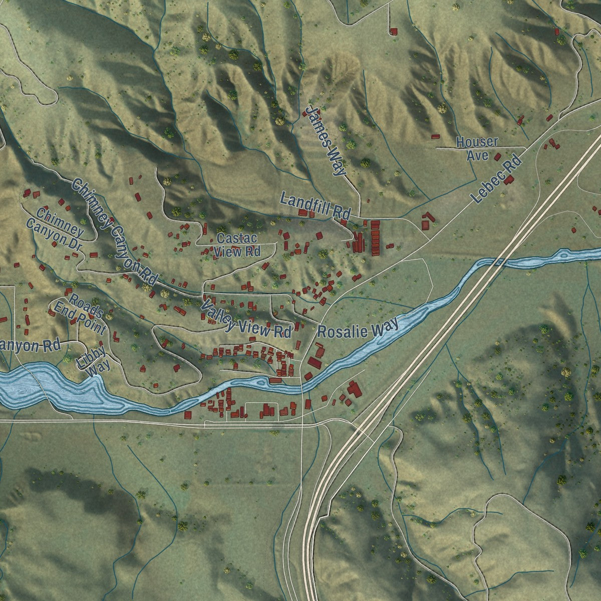 Close-up of the map of Lebec, California print showing street and building detail