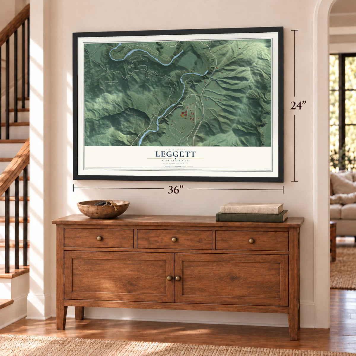 Leggett, California map, 24 x 36 inch print in a black frame above a dresser by a staircase
