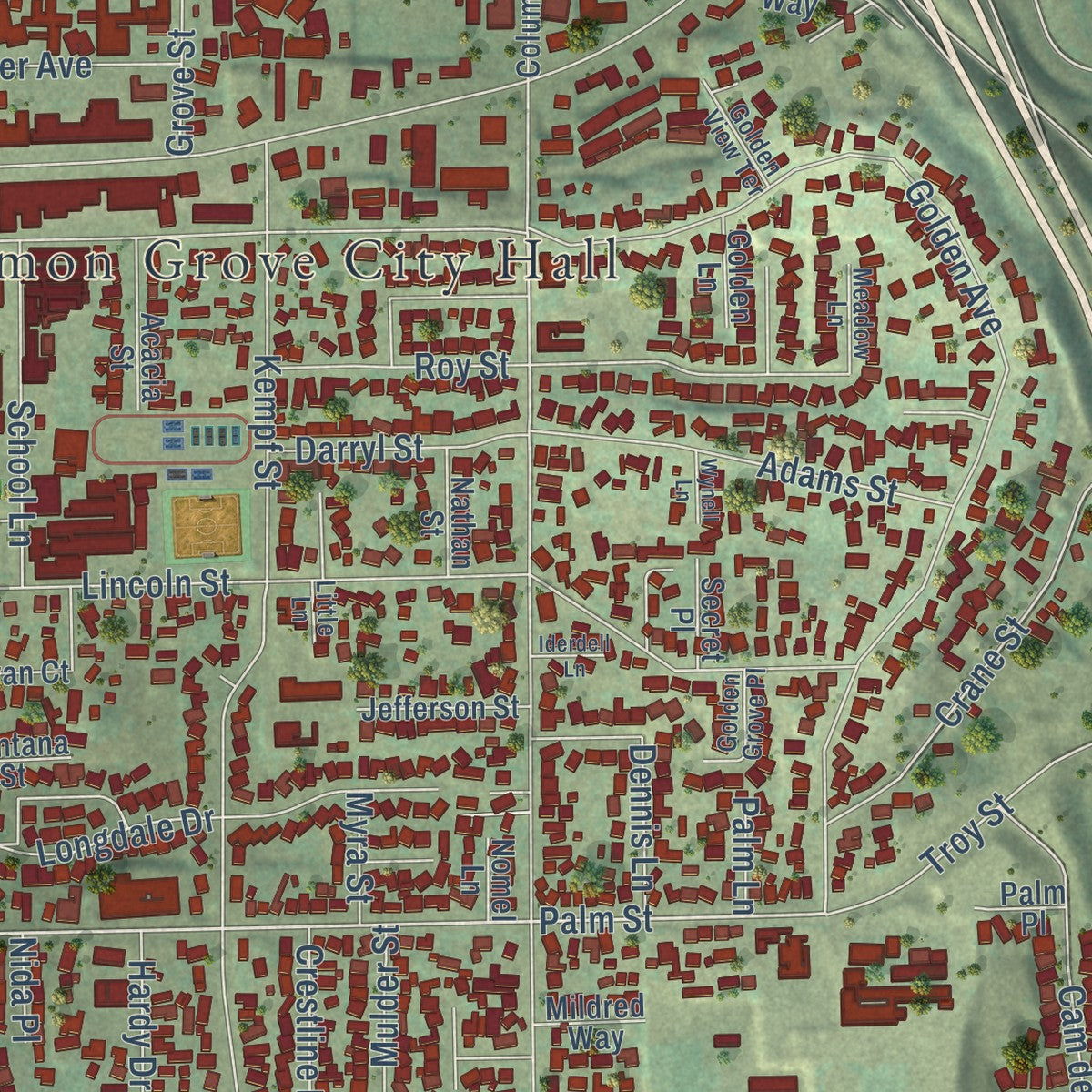 Close-up of the map of Lemon Grove, California print showing street and building detail