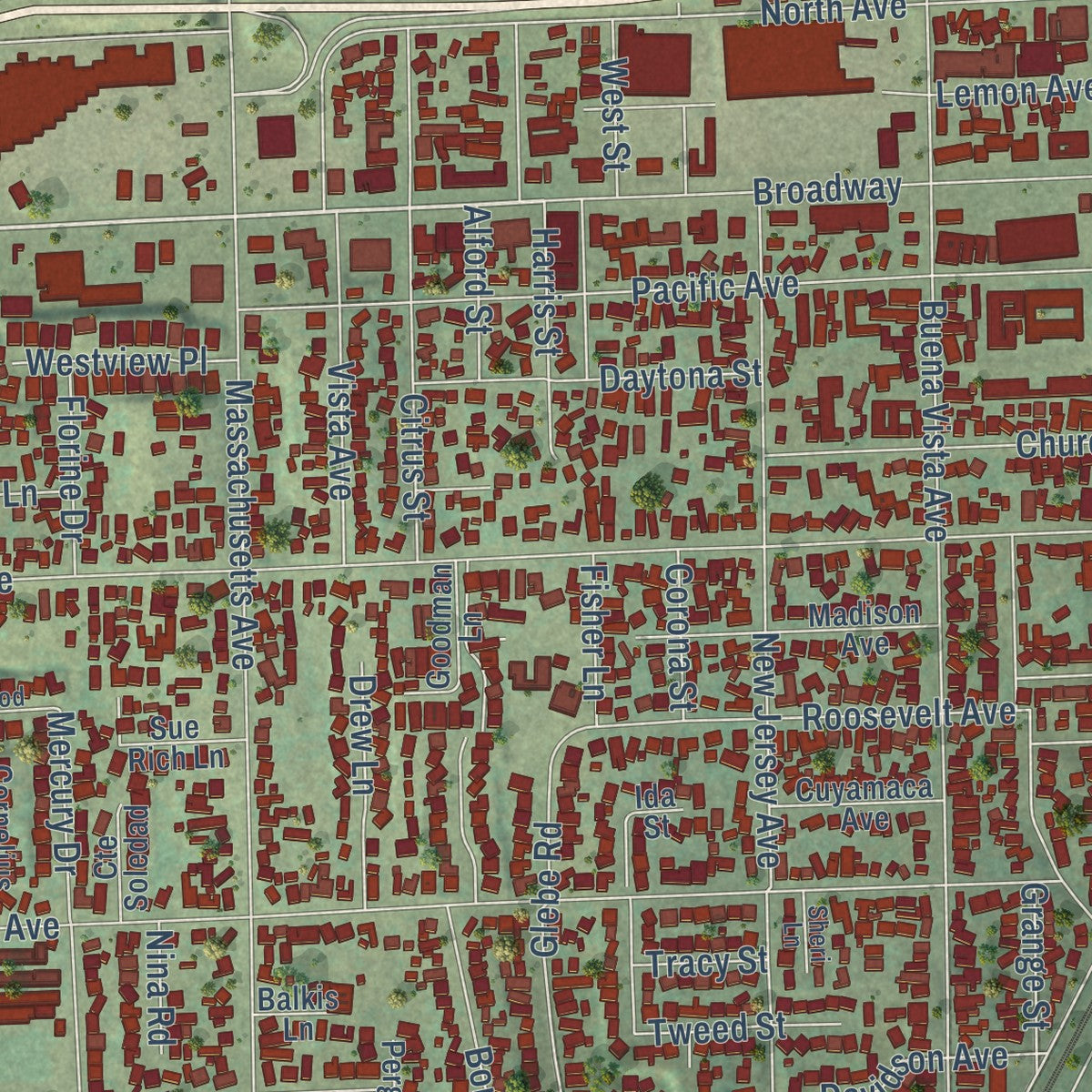 Second close-up of the map of Lemon Grove, California print showing more streets and buildings