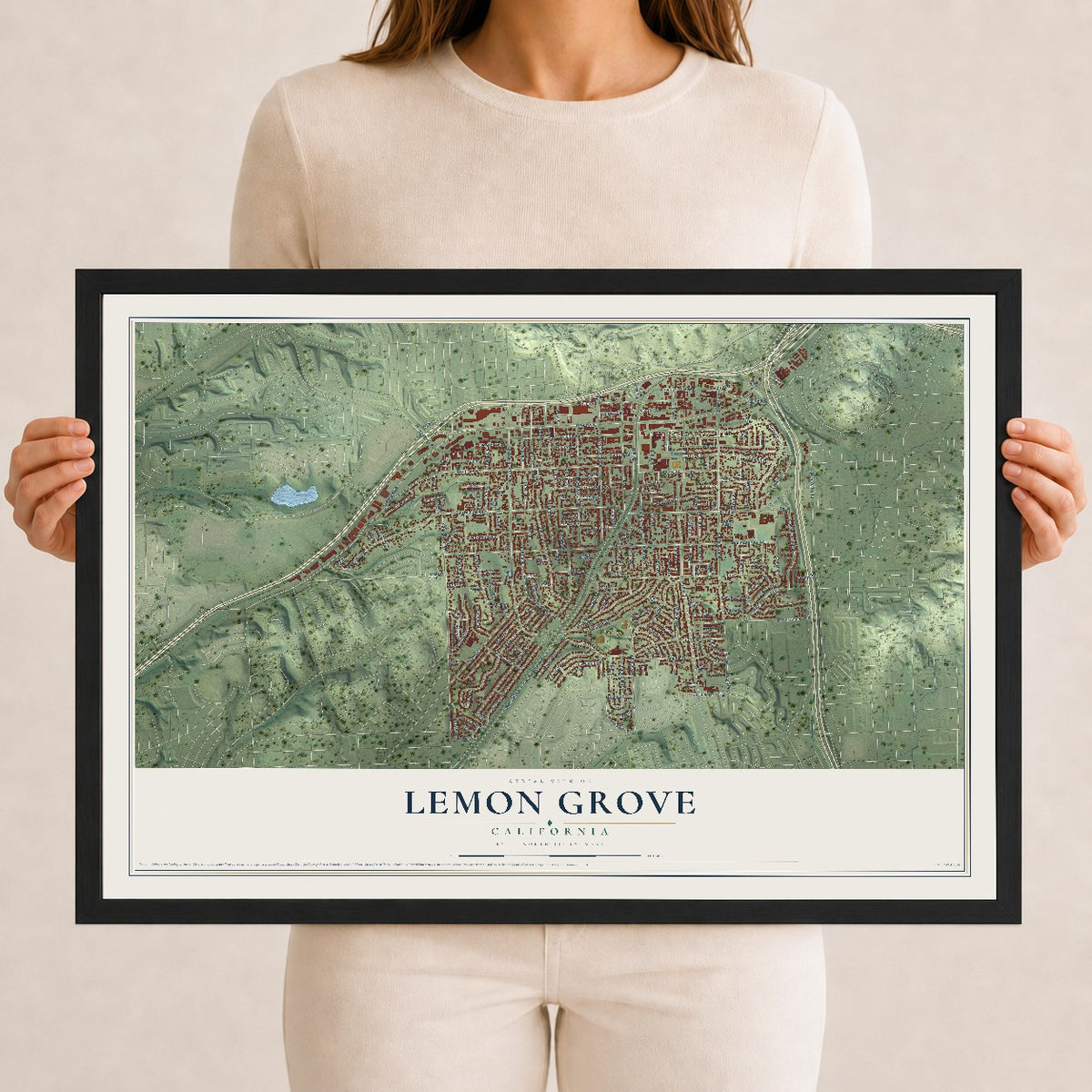 Map of Lemon Grove, California, 12 x 18 inch print in a black wood frame