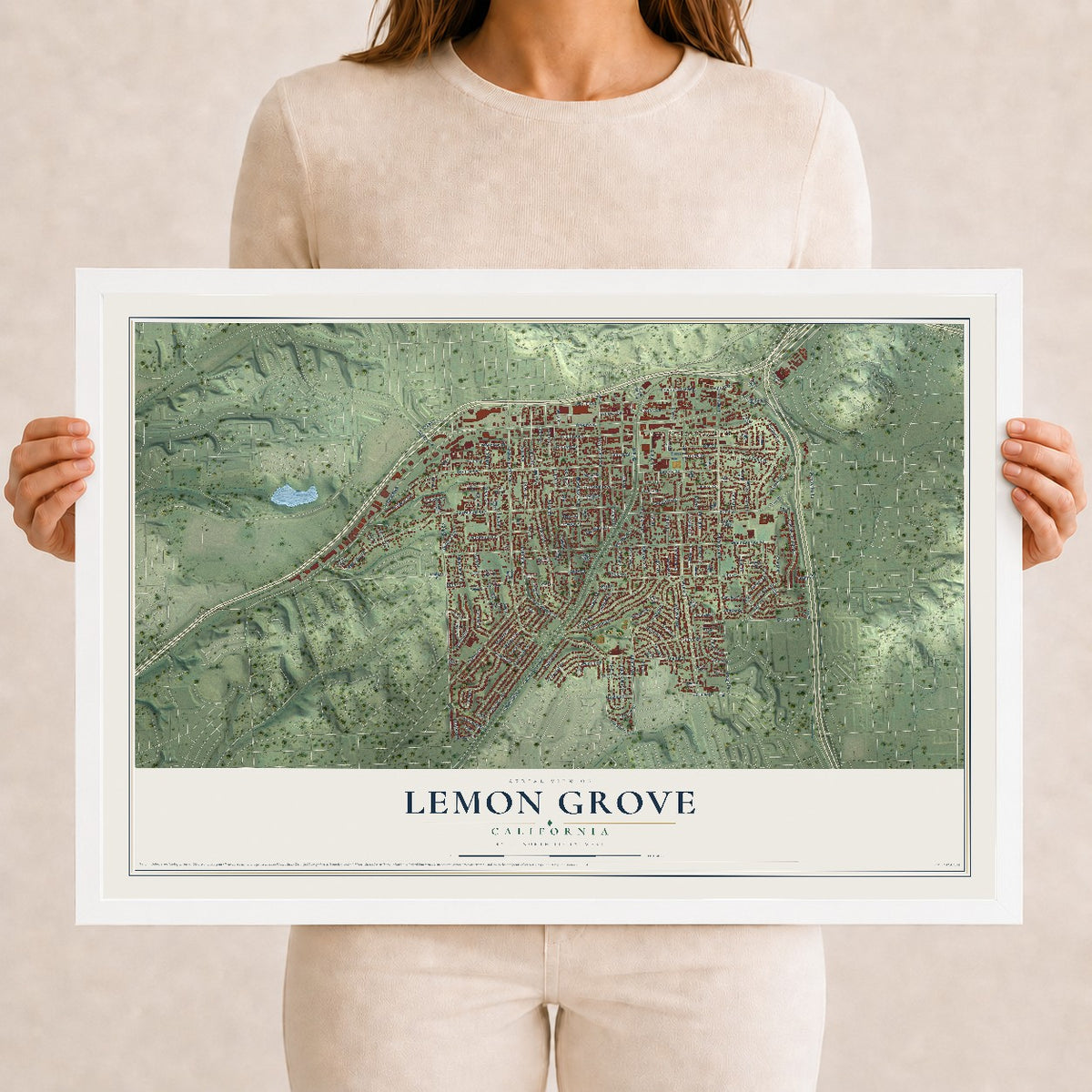 Map of Lemon Grove, California, 12 x 18 inch print in a white wood frame