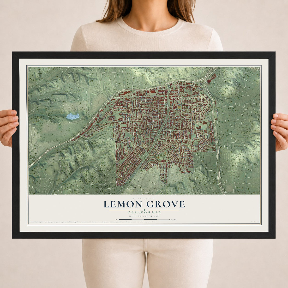 Map of Lemon Grove, California, 18 x 24 inch print in a black wood frame