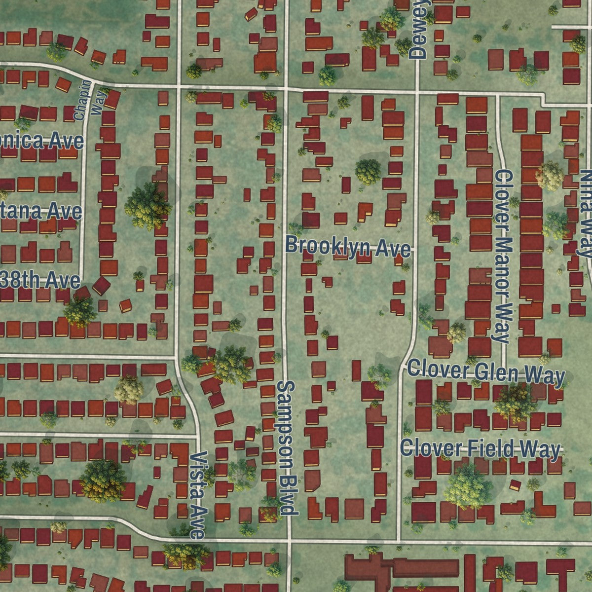 Close-up of the map of Lemon Hill, California print showing street and building detail