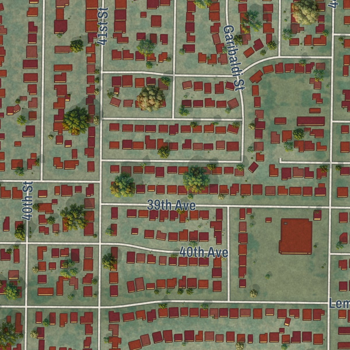 Second close-up of the map of Lemon Hill, California print showing more streets and buildings
