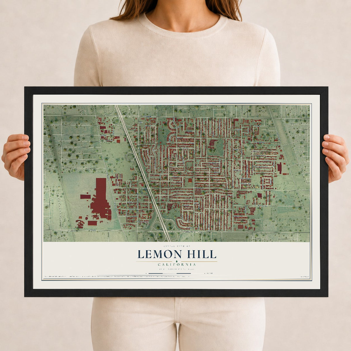 Map of Lemon Hill, California, 12 x 18 inch print in a black wood frame