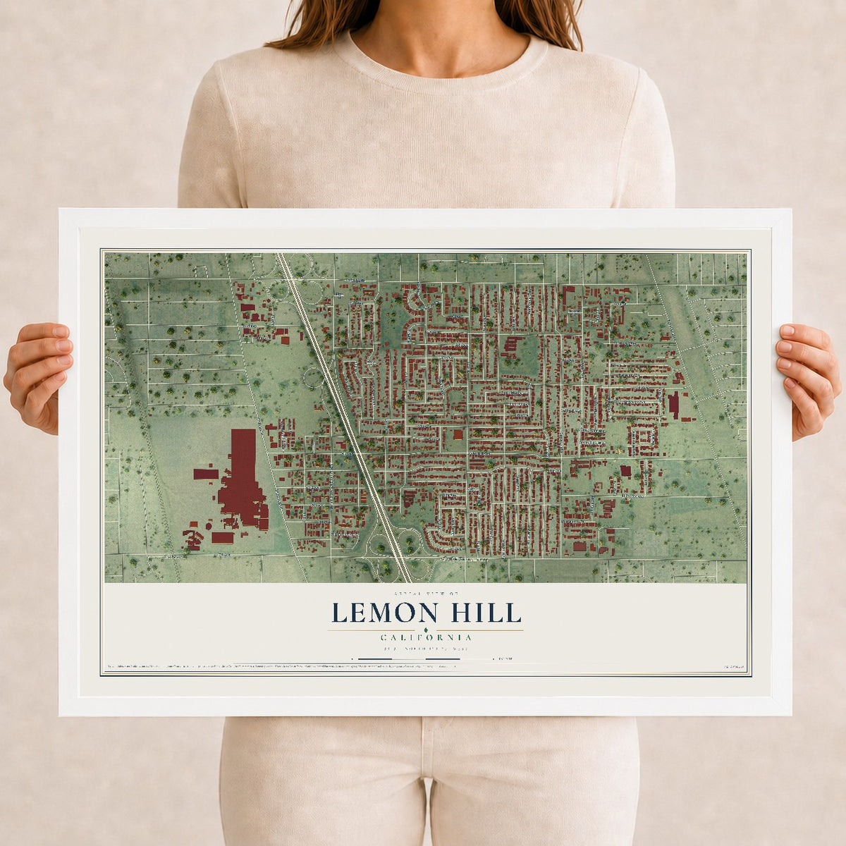 Map of Lemon Hill, California, 12 x 18 inch print in a white wood frame