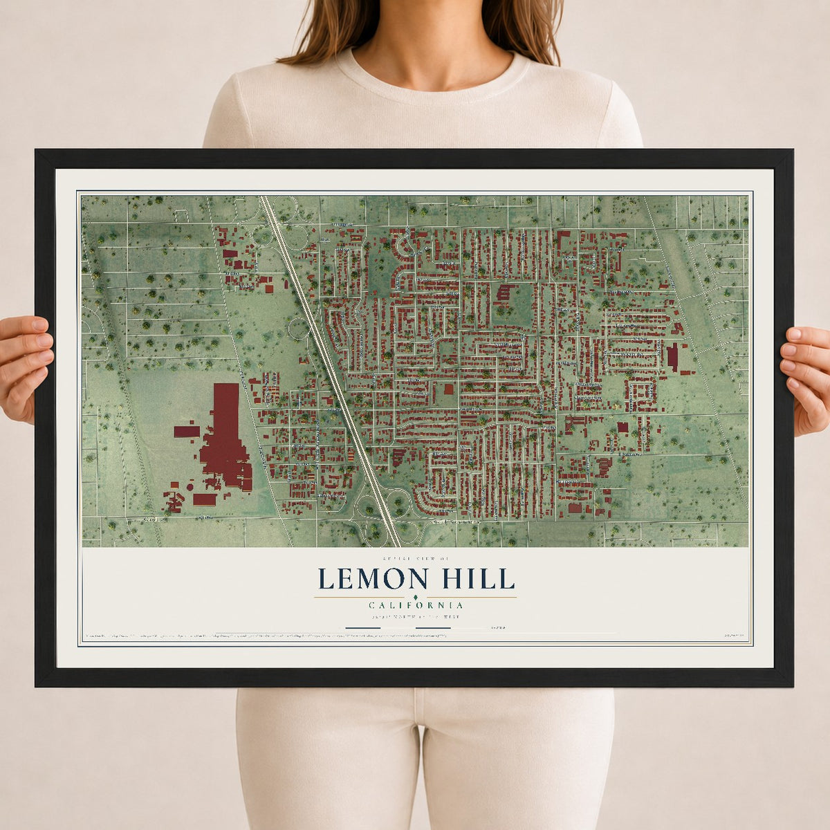 Map of Lemon Hill, California, 18 x 24 inch print in a black wood frame