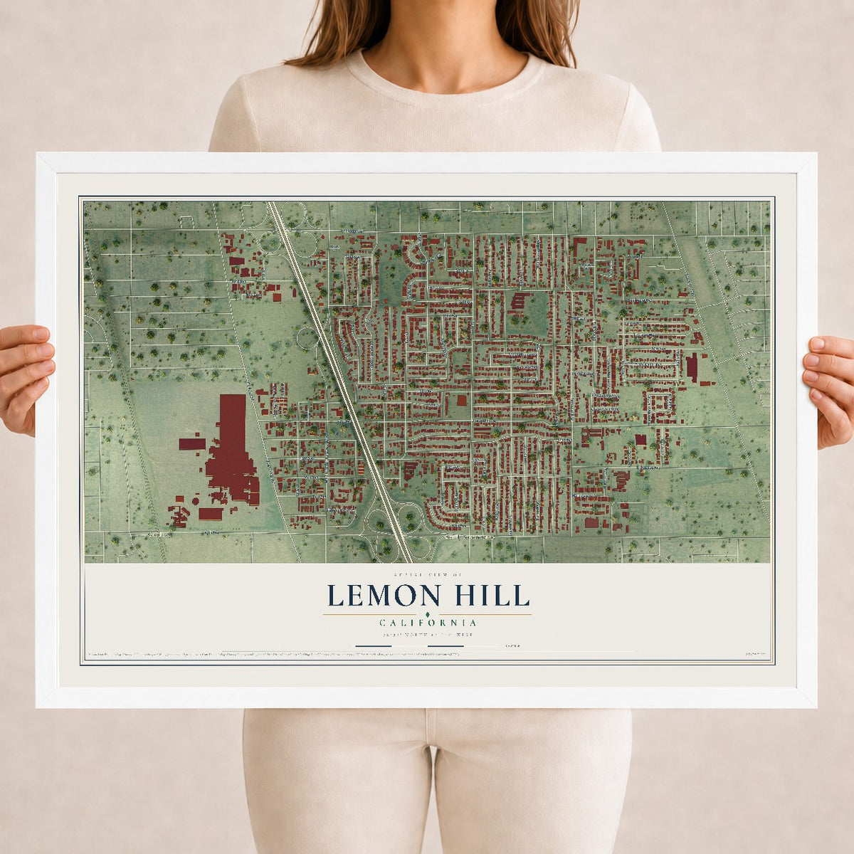 Map of Lemon Hill, California, 18 x 24 inch print in a white wood frame