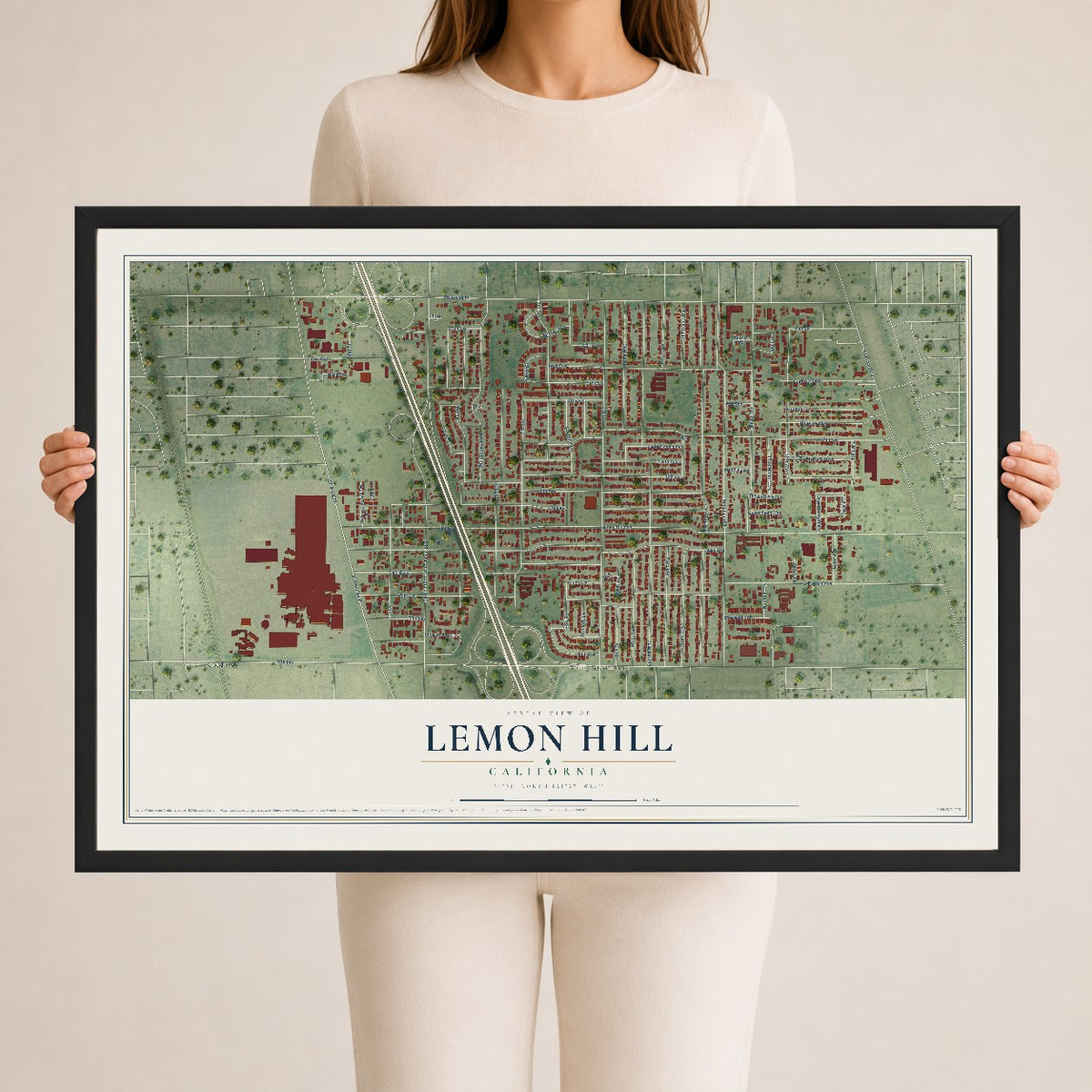 Map of Lemon Hill, California, 24 x 36 inch print in a black wood frame