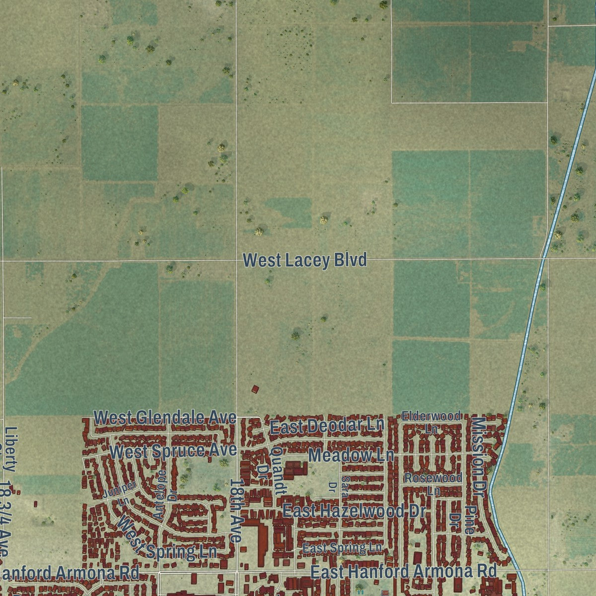 Second close-up of the map of Lemoore, California print showing more streets and buildings