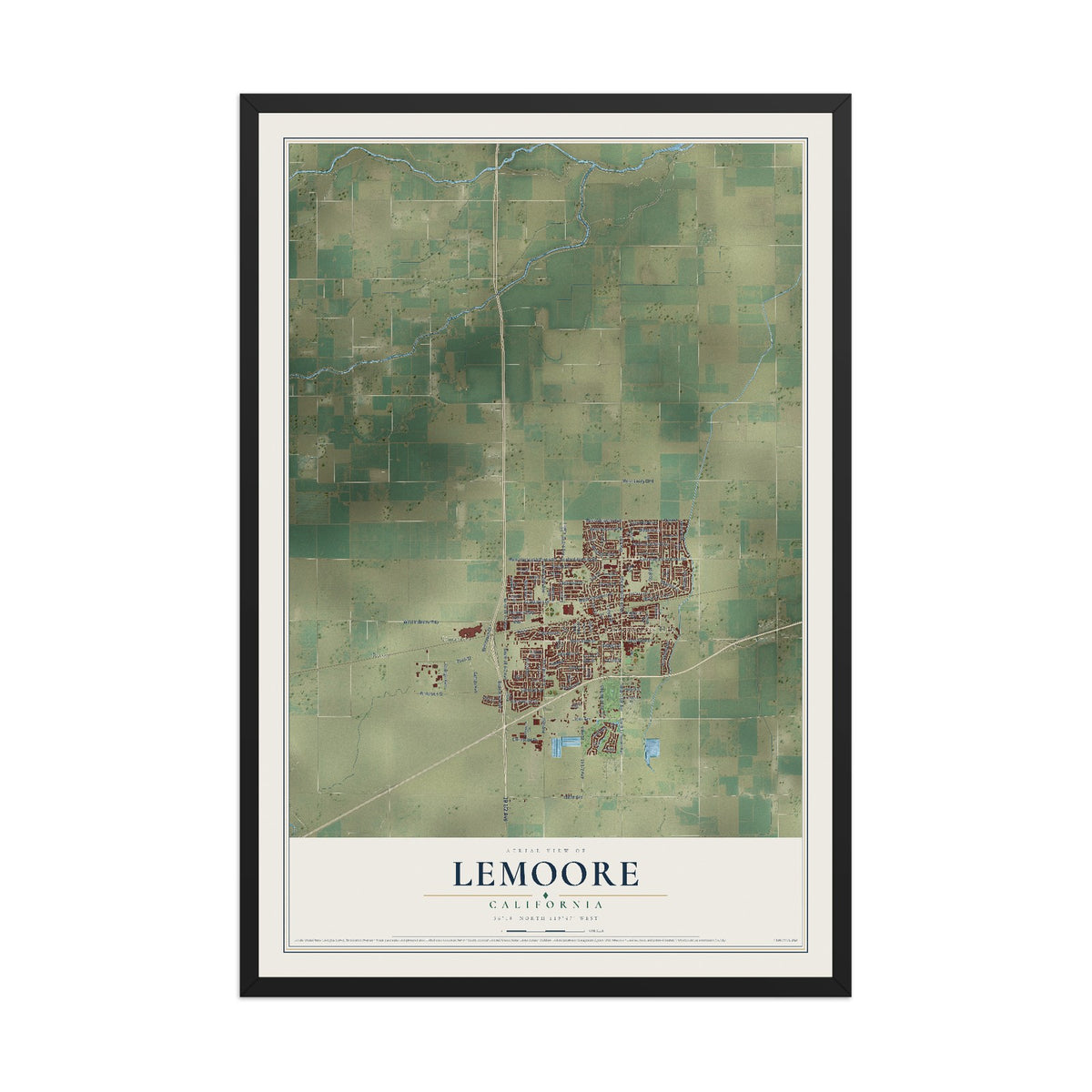 Map of Lemoore, California, 12 x 18 inch print in a black wood frame