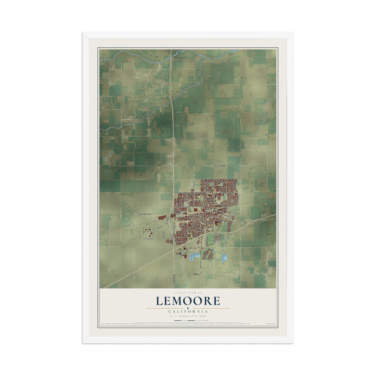 Map of Lemoore, California, 12 x 18 inch print in a white wood frame