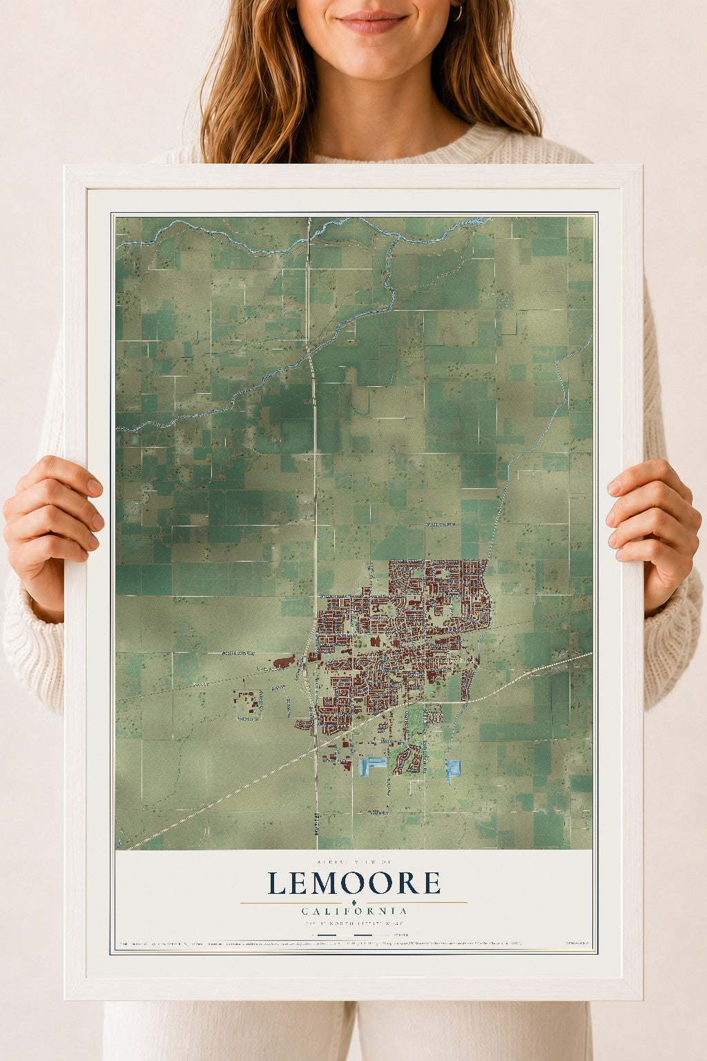 Map of Lemoore, California, 18 x 24 inch print in a white wood frame