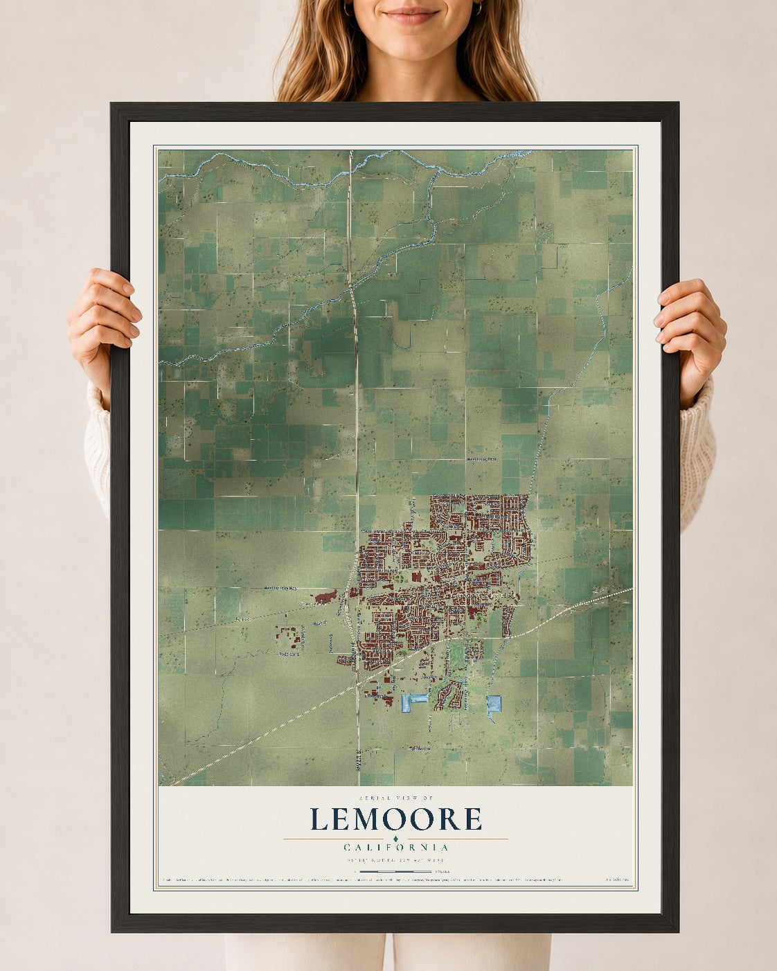 Map of Lemoore, California, 24 x 36 inch print in a black wood frame