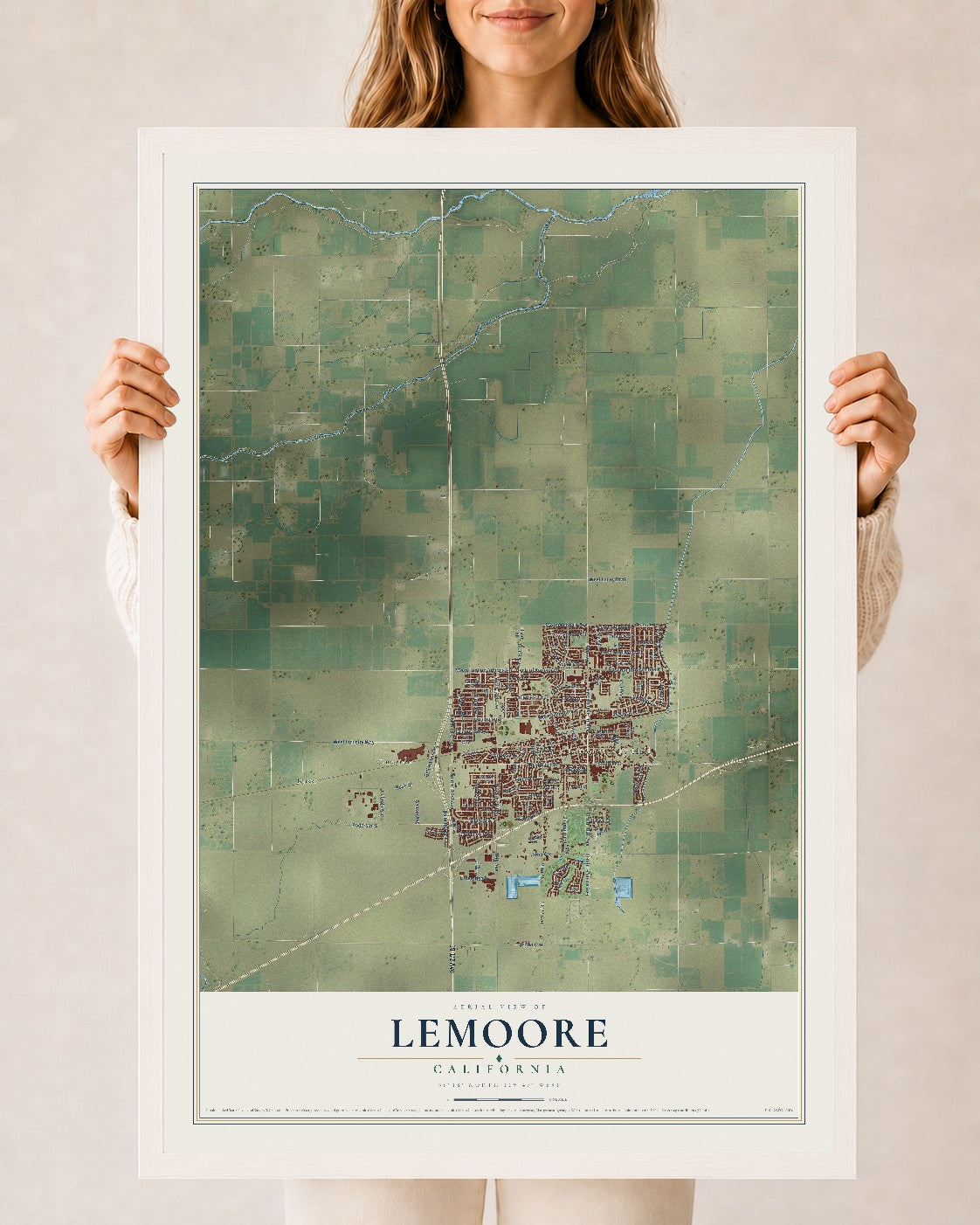 Map of Lemoore, California, 24 x 36 inch print in a white wood frame