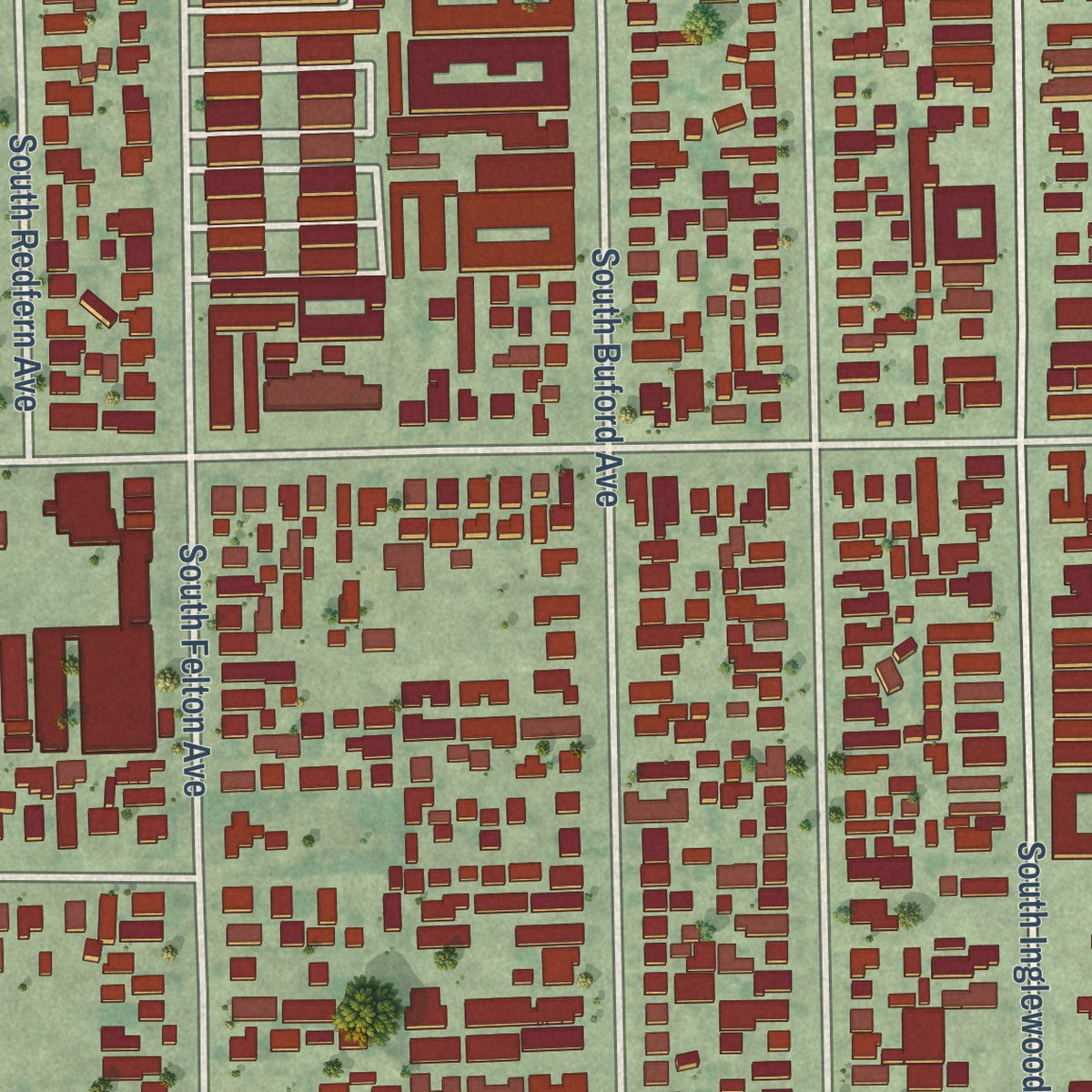 Close-up of the map of Lennox, California print showing street and building detail
