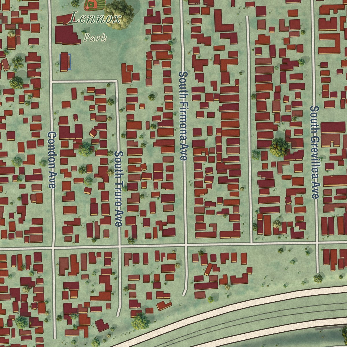 Second close-up of the map of Lennox, California print showing more streets and buildings