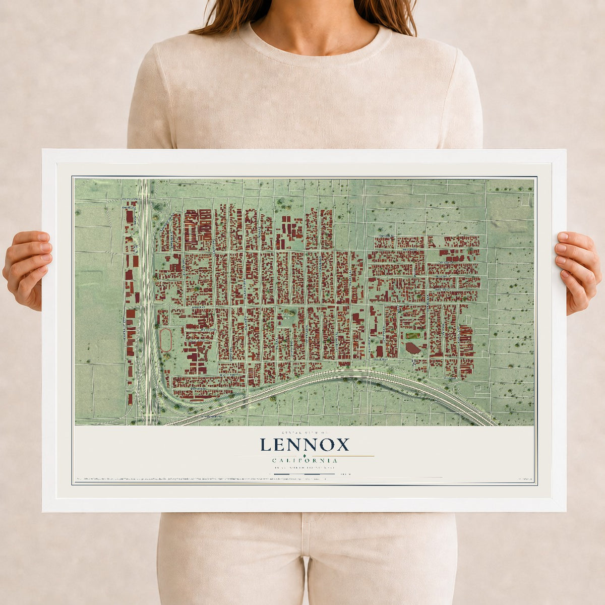 Map of Lennox, California, 12 x 18 inch print in a white wood frame