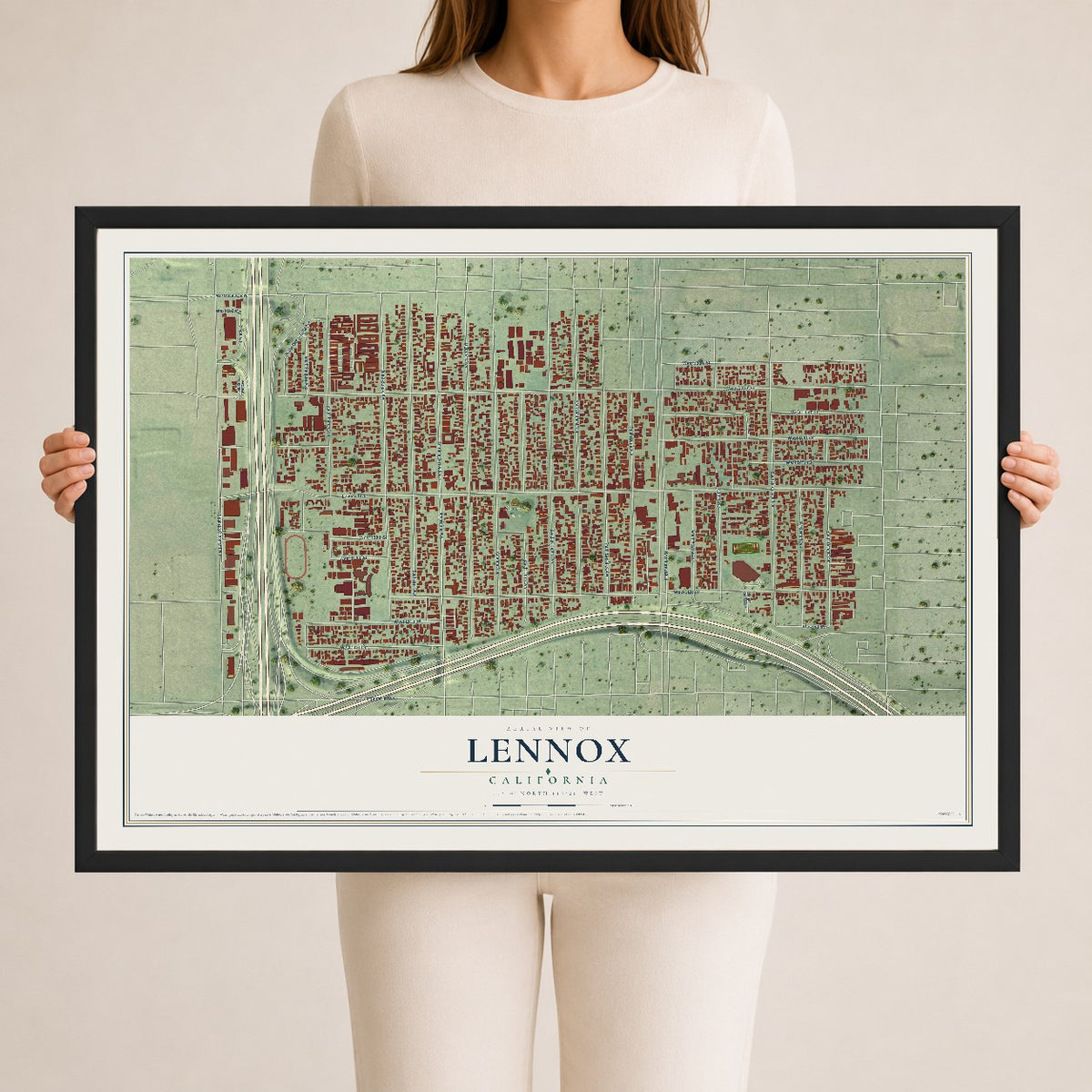 Map of Lennox, California, 24 x 36 inch print in a black wood frame