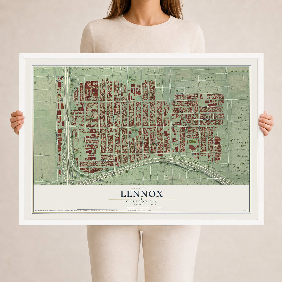 Map of Lennox, California, 24 x 36 inch print in a white wood frame