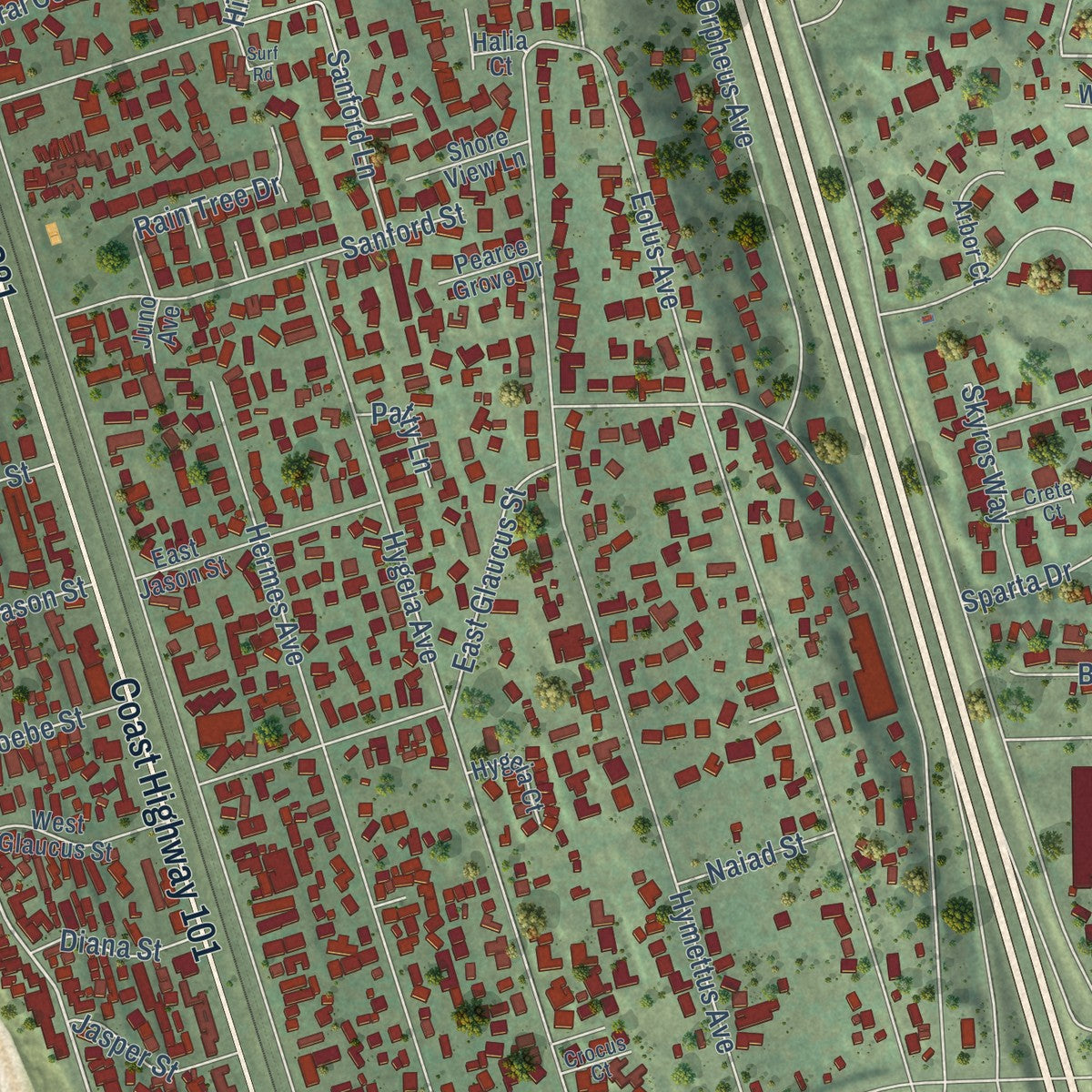 Close-up of the map of Leucadia, California print showing street and building detail