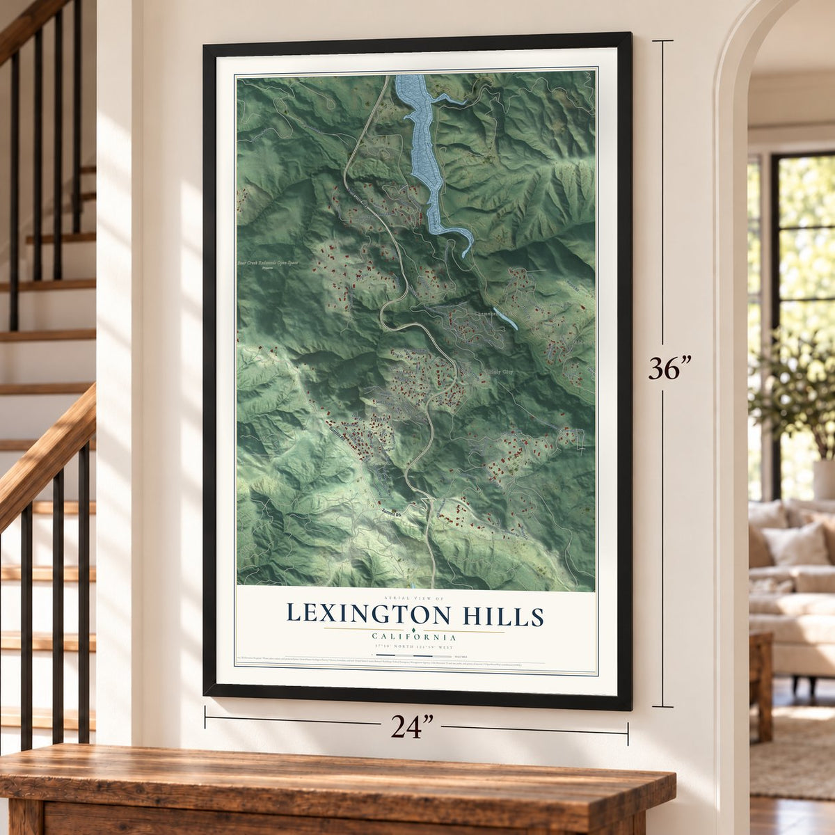Lexington Hills, California map, 24 x 36 inch print in a black frame by a staircase