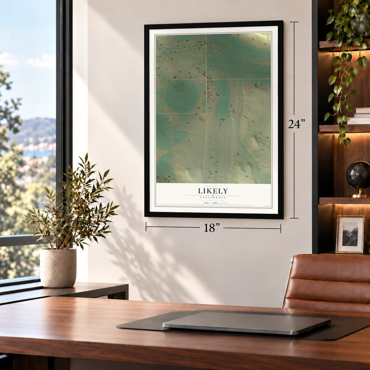 Likely, California map, 18 x 24 inch print in a black frame in a home office