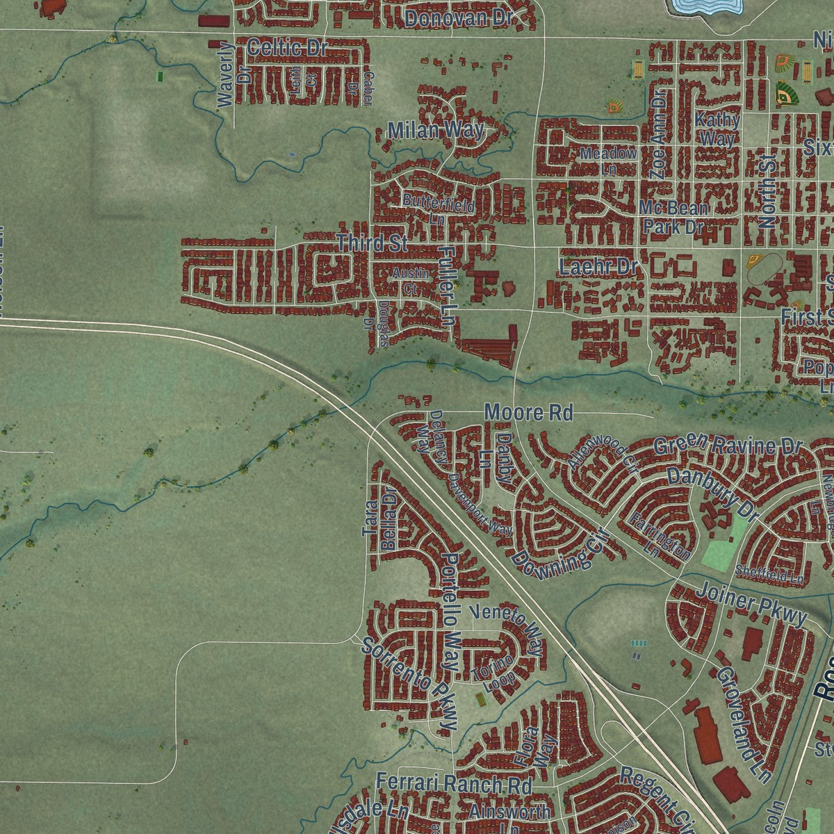 Second close-up of the map of Lincoln, California print showing more streets and buildings