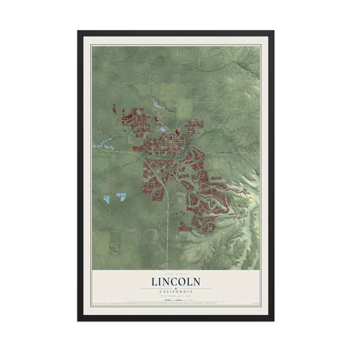 Map of Lincoln, California, 12 x 18 inch print in a black wood frame