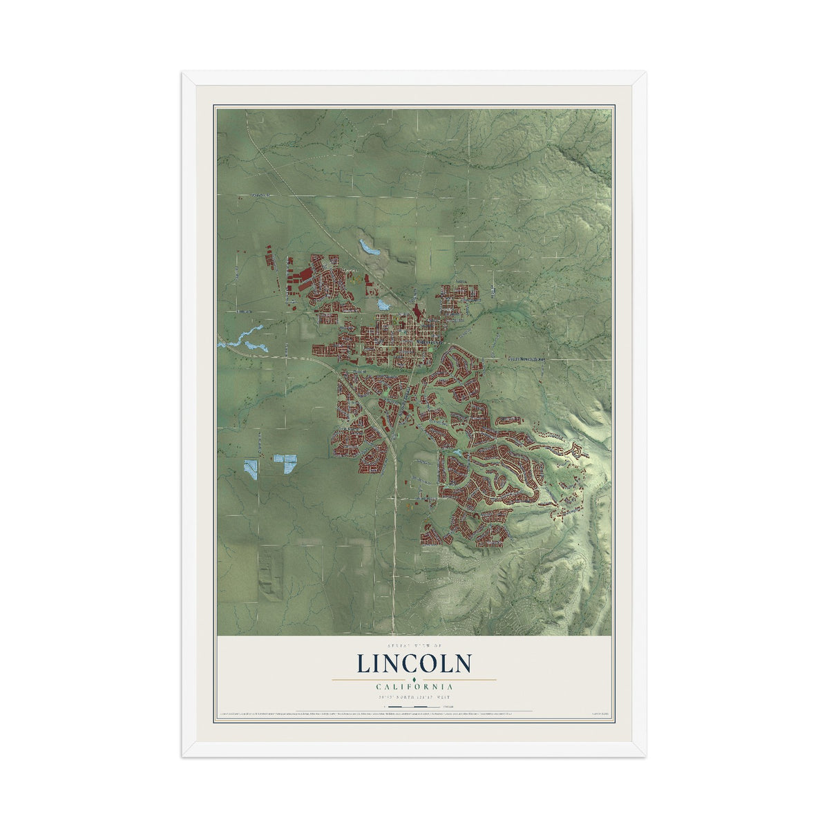 Map of Lincoln, California, 12 x 18 inch print in a white wood frame