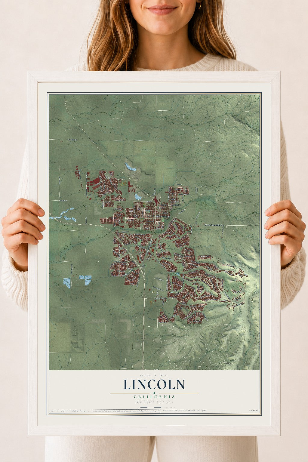 Map of Lincoln, California, 18 x 24 inch print in a white wood frame