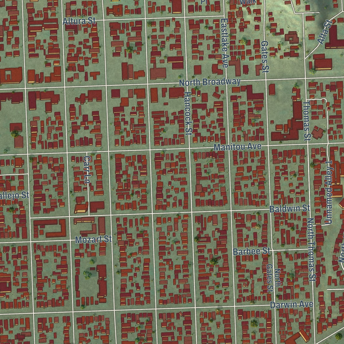 Close-up of the map of Lincoln Heights, California print showing street and building detail